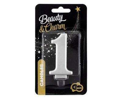 Candle Cyfer 1, Metalic Silver 8 cm