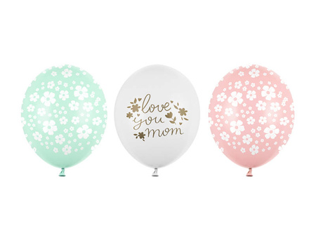 Balony lateksowe Love you mom Dzień matki, kwiatki 30cm, 50 sztuk