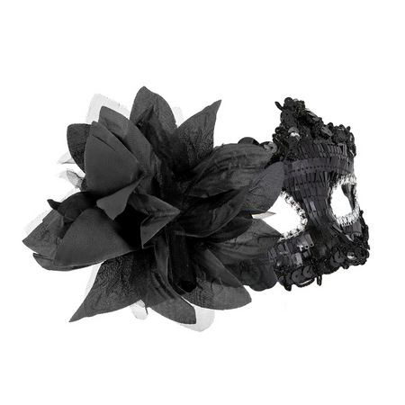 Carnival mask with sequins and flower black 16x10cm