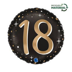 Folienballon, rund, 18. Geburtstag, Achtzehn, Schwarz-Gold, 46 cm