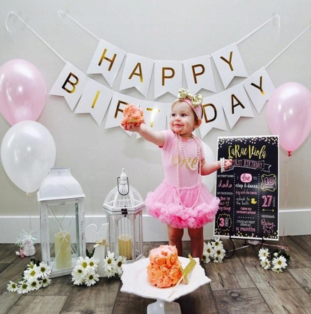 Geburtstagsgirlande Happy Birthday Weiß, goldener Schriftzug, groß