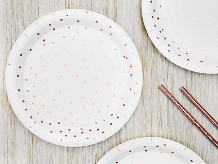 Paper plates dots, white, rose gold, 18cm, 6 pcs.