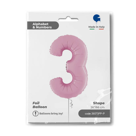 Foil Balloon Number 3 Pink Pastel Pink, 66 cm Grabo