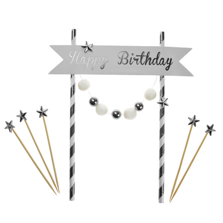 TOPPER for the cake "Happy Birthday" silver pompoms