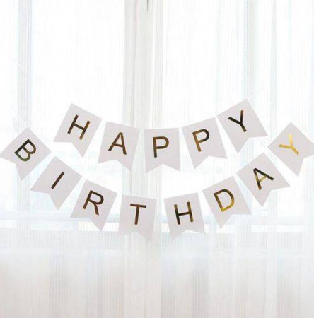 Geburtstagsgirlande Happy Birthday Weiß, goldfarbener Schriftzug,20cm