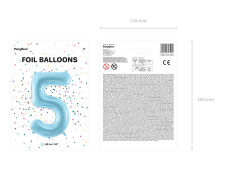 The number 5 Foil balloon, 86cm, light blue