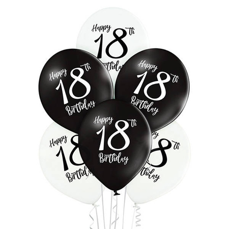 Balony Lateksowe 18 Urodziny Czarno białe 30cm, 6szt.