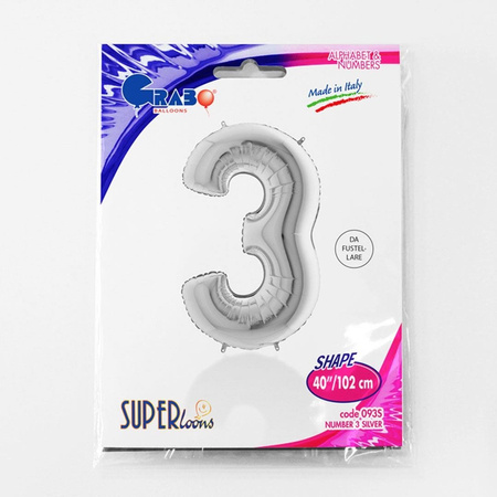 Foil balloon numeral 3 Silver - 102 cm Grabo