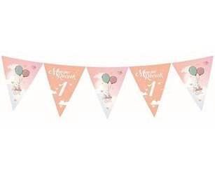 Birthday banner for one year with bunny, pink, 11 flag, 326 cm