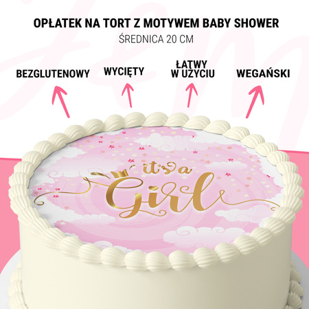 Opłatek na tort Baby Shower Girl okrągły 20 cm premium, wegański, bezglutenowy, wycięty