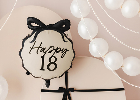 Foil Round Balloon with Bow "Happy 18" – Black-Beige