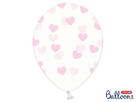 Balony Przezroczyste w Różowe Serduszka, 30cm, 6 szt.