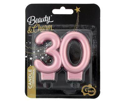 Świeczka liczba 30 urodziny, metalik różowo-złota, 8 cm