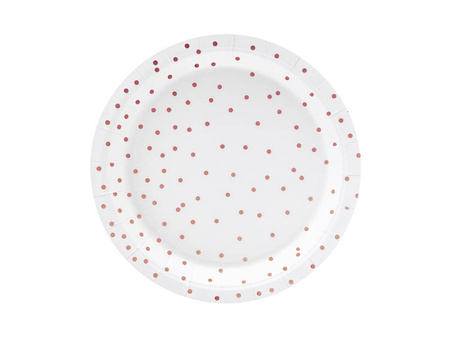 Paper plates dots, white, rose gold, 18cm, 6 pcs.