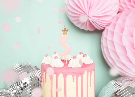 Birthday candle 3 with crown, bright pink