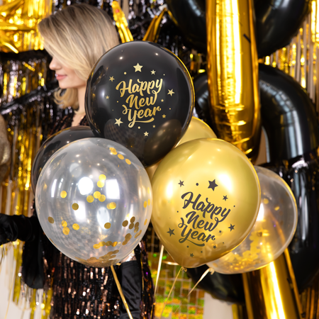 Biologisch abbaubare Happy New Year Ballons Schwarz-Gold – 8er-Set