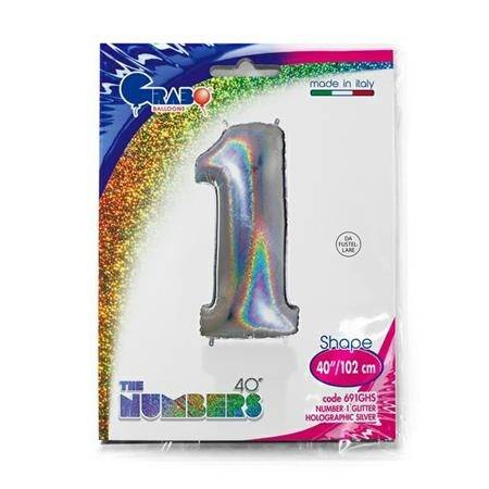 Foil balloon Digit 1, Silver Holographic 102 cm Grabo