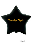 Black, star-shaped foil balloon with a custom message