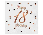 Happy 18 Birthday white and rose gold napkins, 33 cm, 20 pieces