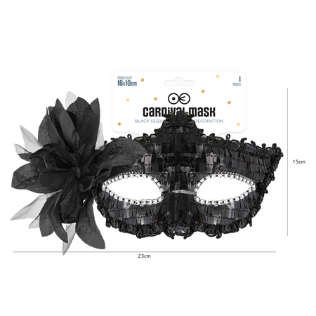 Carnival mask with sequins and flower black 16x10cm