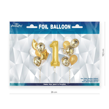 Set of balloons 1 Birthday, one year gold white 16 el.