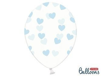 Balony Transparentne w Błękitne Serduszka, Crystal Clear 30cm (1 op. / 6 szt.)