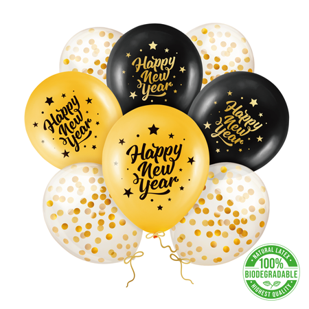 Biodegradable Happy New Year Balloons Black and Gold – 8-Piece Set