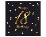 Serwetki urodzinowe Happy 18 Birthday czarne, 33 cm 20 sztuk