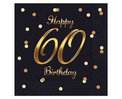 60th Birthday birthday napkins 33 cm, black, 20 pcs