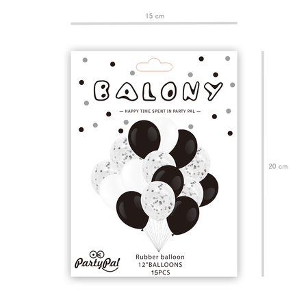 Zestaw balonów czarno-białych, z konfetti, 30cm, 15 szt.