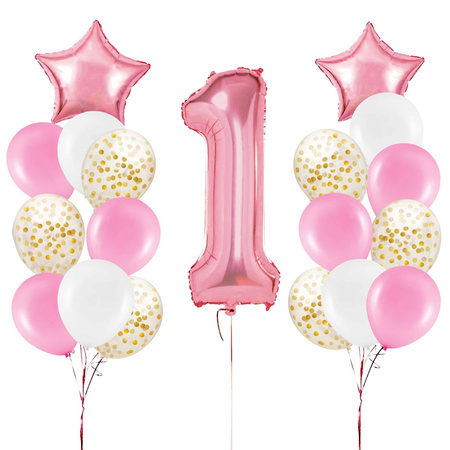 A set of balloons for one year old, 1st birthday, pink, 21 items