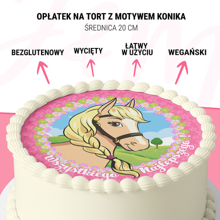 Rosa Pony Tortenaufleger rund 20 cm premium, vegan, glutenfrei, zugeschnitten