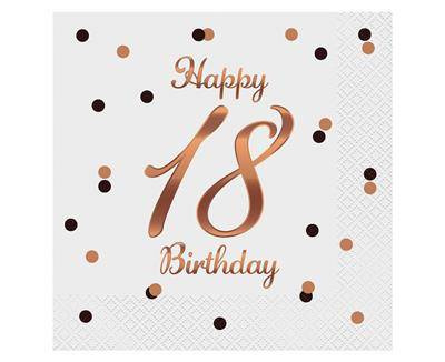 Happy 18 Birthday white and rose gold napkins, 33 cm, 20 pieces