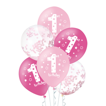 One year old latex balloons pink 30cm, 6 pcs