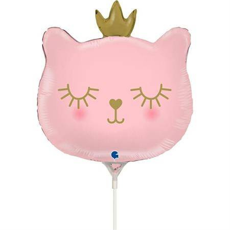 Foil balloon Kitten with a crown pink, on a stick 35 cm