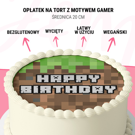 Opłatek na tort urodzinowy Minecraft 20 cm premium, wegański, bezglutenowy, wycięty