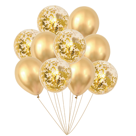 Set of gold chrome balloons with confetti, 10 pieces