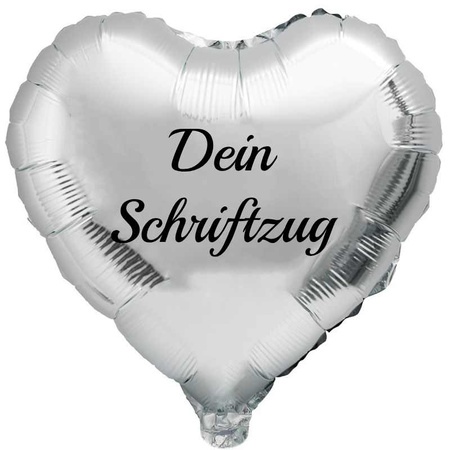Silver, heart-shaped foil balloon with a custom message