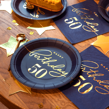 aper plate Happy Birthday 50, navy blue 18cm 6pcs.