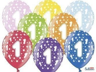 Balony lateksowe z nadrukiem '1' na roczek, Metaliczne Mix, 6 szt.