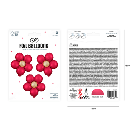 Balon foliowy Kwiatek czerwony matowy stokrotki, 45cm, zestaw 3szt.