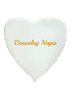 White, heart-shaped foil balloon with a custom message