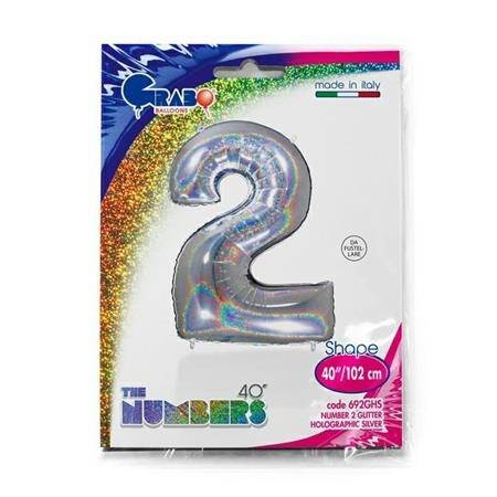 Balon Foliowy Cyfra 2, Srebrna holograficzna 102 cm Grabo