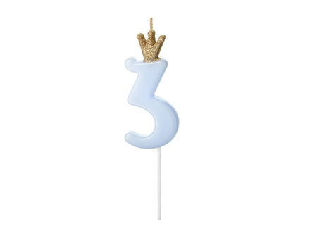 Birthday candle 3 with crown, bright blue