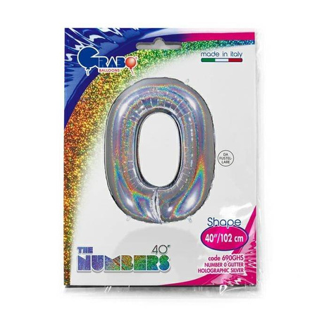 Foil balloon digit 0, Silver Holographic 102 cm Grabo
