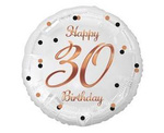 Balon foliowy Happy 30 Birthday, biały, nadruk różowo-złoty, 18'