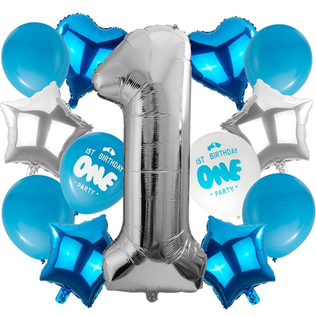 Ballonset für den 1. Geburtstag, Blau, 14 Artikel