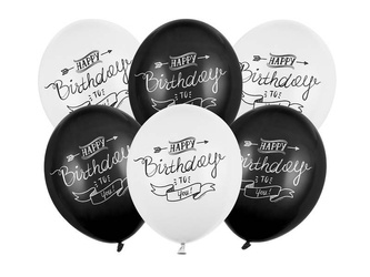 Balony urodzinowe, Happy Birthday czarno białe 30cm, 6 szt.