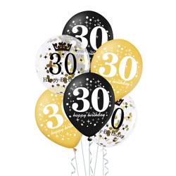 Zestaw balonów na 30 urodziny, czarno - złoty, konfetti, 6szt.