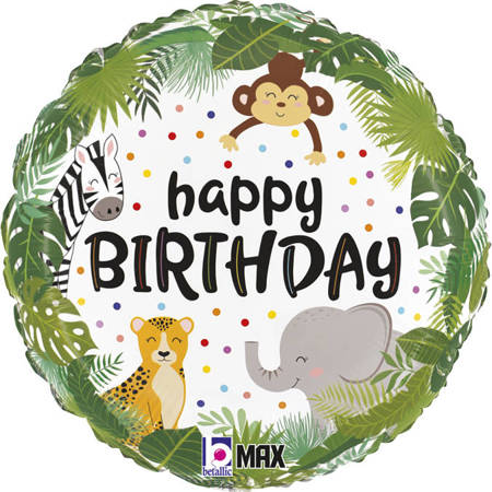 Balon Foliowy Happy Birthday dżungla Safari okrągły 46cm